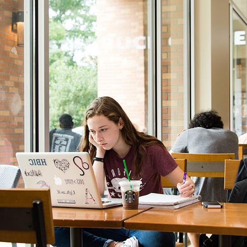 Highschool student taking notes on laptop